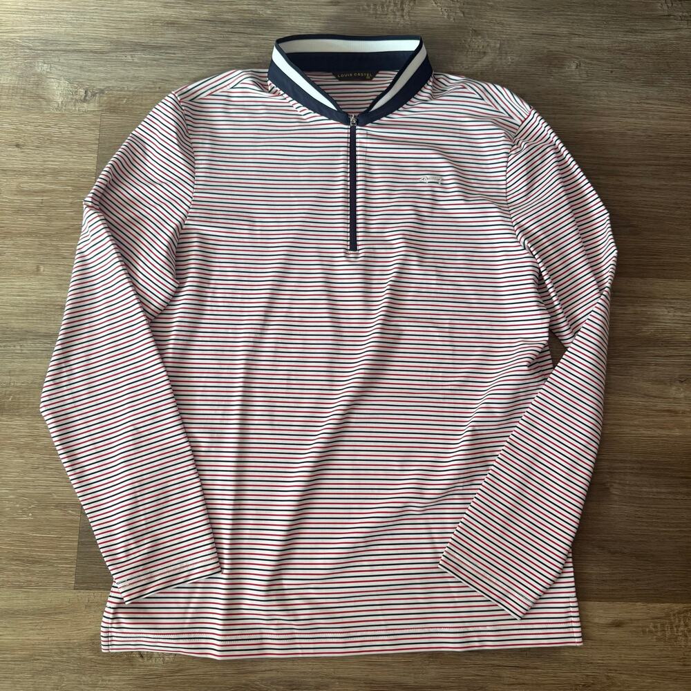 Louis Castel Men’s NAVY BLUE /RED  Striped Long Sleeve Athletic Golf Polo sz 100